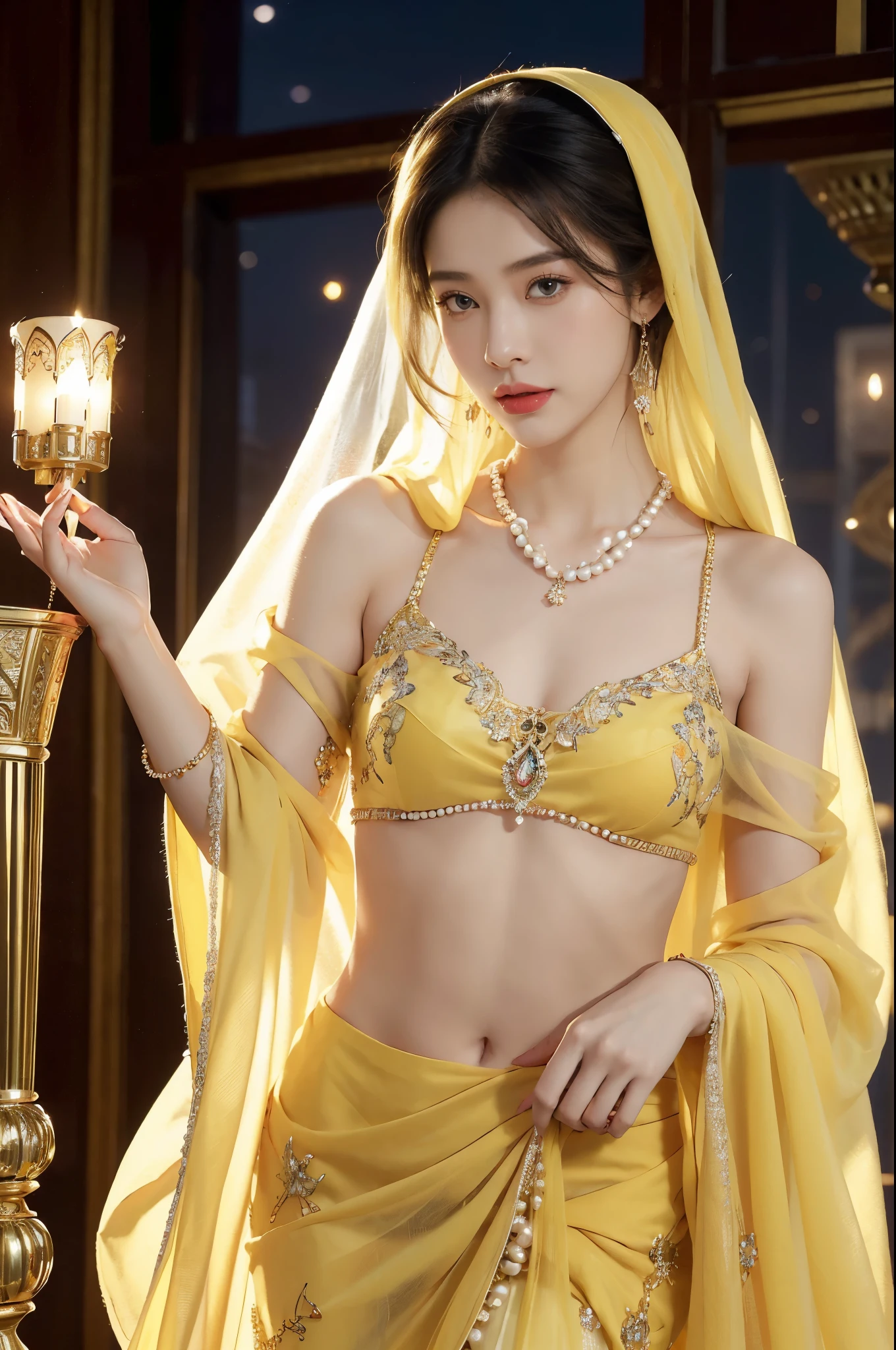 4K, UHD, masterpeice, 1 girl, good face, detailed eyes, detailed lips, very long hair, straight hair, very long hair, beautiful hair, hair ornaments, hairband, gradient hair, ((golden lehenga)), ((bridal lehenga)), ((decorated blouse)), sardine, ((ornament lehenga)), ((golden lace)), ((diamond bracelet)), ((pendant)), Pearl, ornaments, necklace, earring, high lighting, ((bare stomach)), ((in the wedding stage)), golden color, depth of field, ray tracing, ultra realistic detailed, sitting,