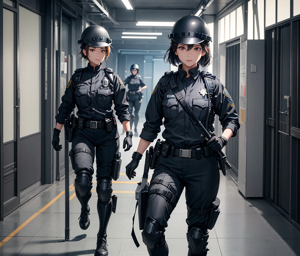 A group of female police officers wearing gray autumn uniforms、Wear a steel helmet、Gloves、Black belt、Knee pads、Patrolling the corridors、Write details、masterpiece、best quality、Highly detailed CG、8K picture quality