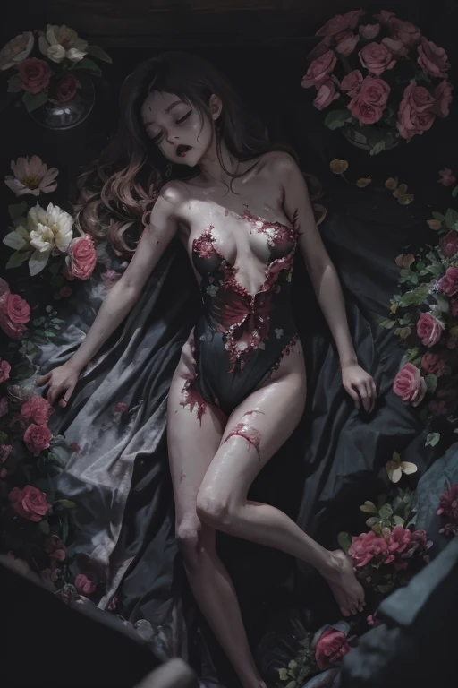  Zombie lying on back、Zombie sleeping on his back、 Black high leg swimsuit, Lie face up on the bed、Brown Hair、Surrounded by lots of flowers、ベッドでZombie sleeping on his back少女、close ~ eye、sleeping beauty