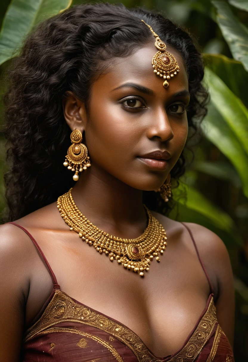 (( kerala ancient dark black goddess))), (((mundu-mulakacha))) ,(((dark skinned goddess))) cinematic nature portrait,(((full Body))), (((very dark skinned curvy body))), (((+))), (((((very dark nipple and areola))))) (((plus size voluptuous))), (((huge busty big massive dark boobs))), (((triangle shape body))), (((ancient traditional devi attire))),((kerala ornaments, gems, diamond,Nose Stud)), ((Hourglass body)), photorealistic,photo, realism, Getty Images, RAW candid cinema, 16mm, colour graded portra 400 film, remarkable colour, ultra realistic, textured skin, remarkable detailed pupils, realistic dull skin noise, visible dark skin detail, skin fuzz, dry skin, shot with cinematic,light leaks, RAW Image, DOF, depth of field, High-resolution detail capturing the natural texture of the skin, including pores, fine lines, and natural highlights and shadows, Emphasize a natural, healthy glow, showcasing the beauty of real dark skin, A graceful, confident posture with a gentle smile or a serene expression