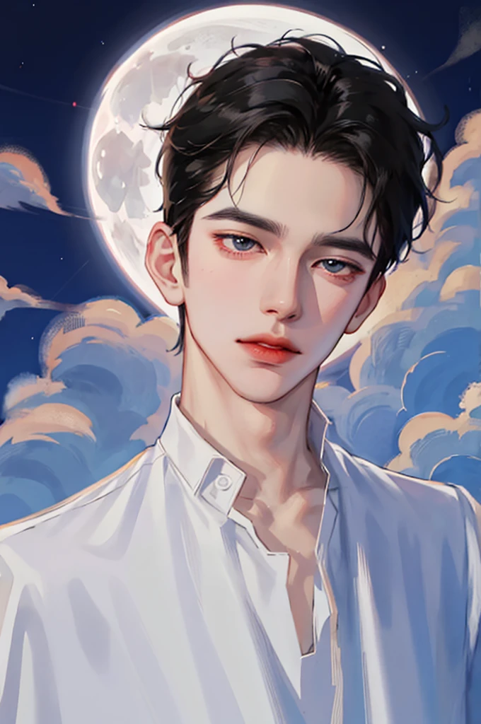 Handsome man wearing a white top, portrait, backlight, aegyo sal, Gradient lips, Glass Skin, rosy cheeks and lips, big eyes, alone, cartoon style, pale skin, black hair, pomade, cloud, full moon