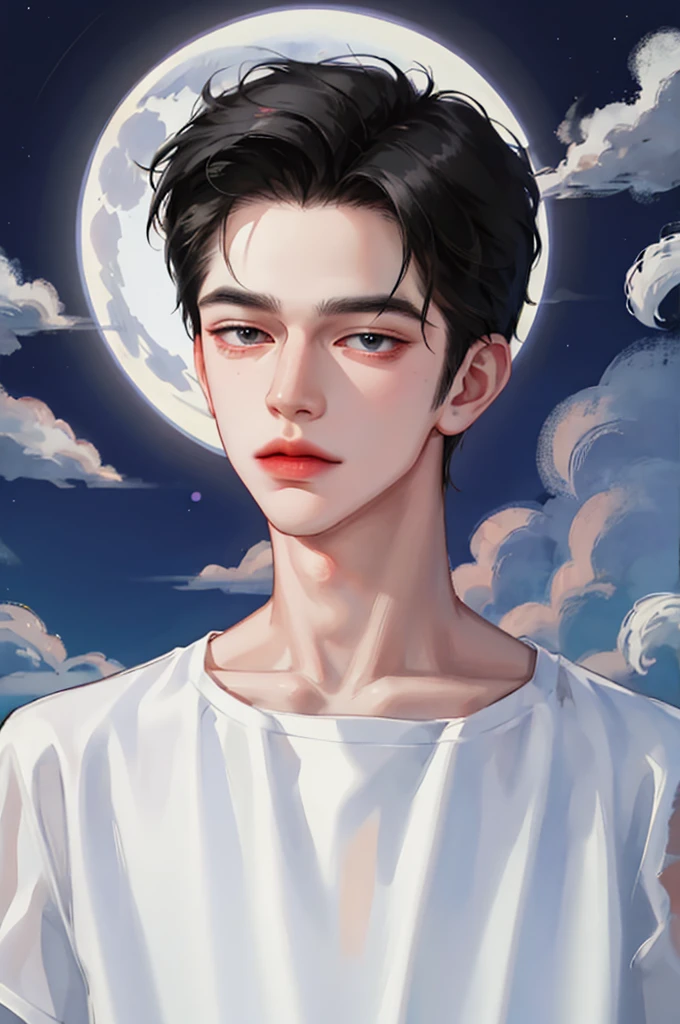 Handsome man wearing a white top, portrait, backlight, aegyo sal, Gradient lips, Glass Skin, rosy cheeks and lips, big eyes, alone, cartoon style, pale skin, black hair, pomade, cloud, full moon