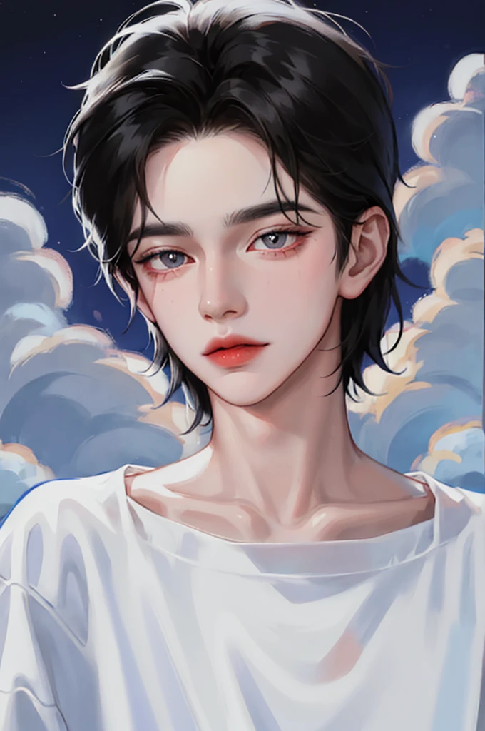 Handsome man wearing a white top, portrait, backlight, aegyo sal, Gradient lips, Glass Skin, rosy cheeks and lips, big eyes, alone, cartoon style, pale skin, black hair, pomade, cloud, full moon
