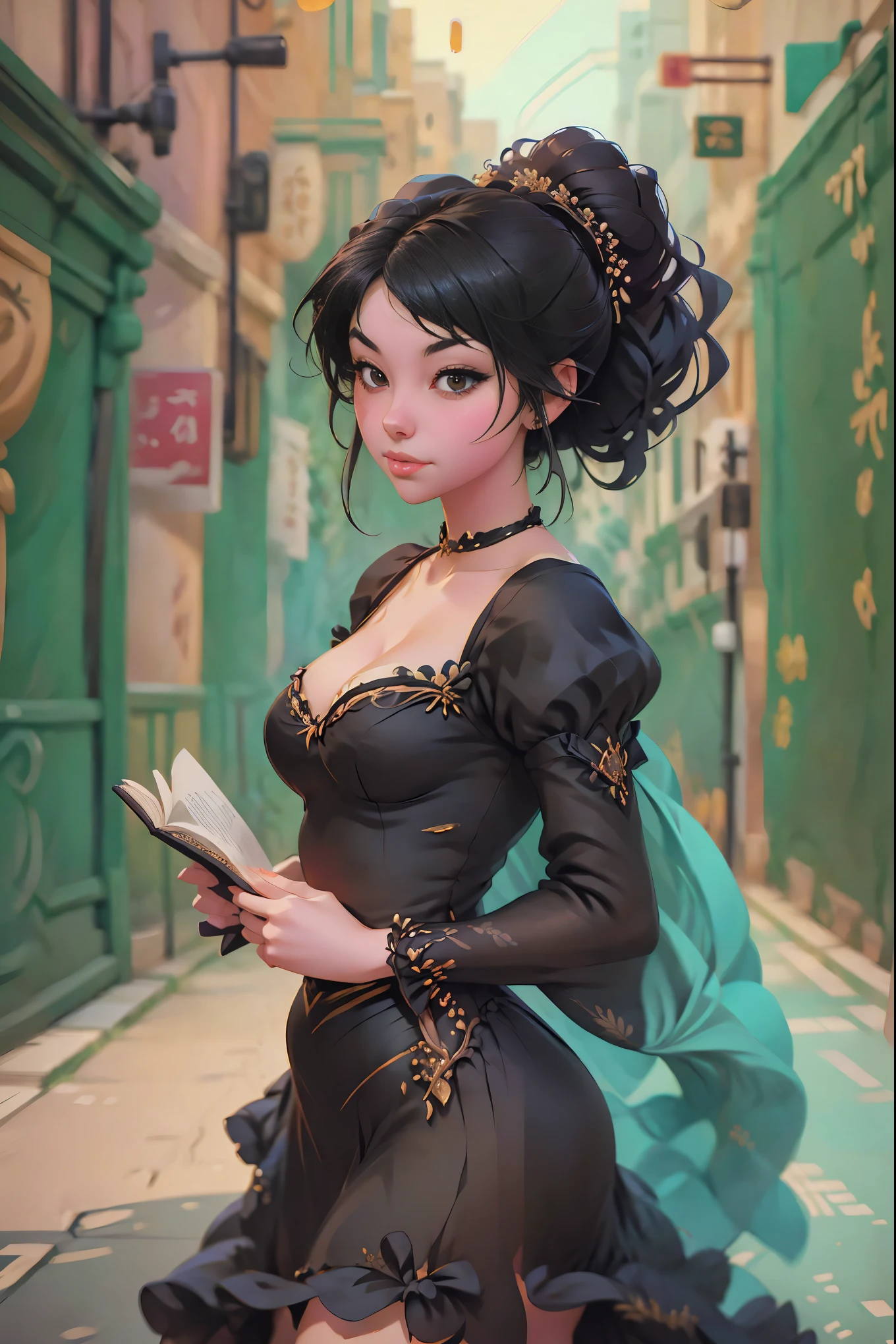 a painting of a woman in a black dress holding a book, by Russell Dongjun Lu, artwork in the style of guweiz, guweiz on artstation pixiv, guweiz on pixiv artstation, 🌺 cgsociety, by Yanjun Cheng, guweiz masterpiece, gothic princess portrait, cgsociety 4k”, the style of wlop