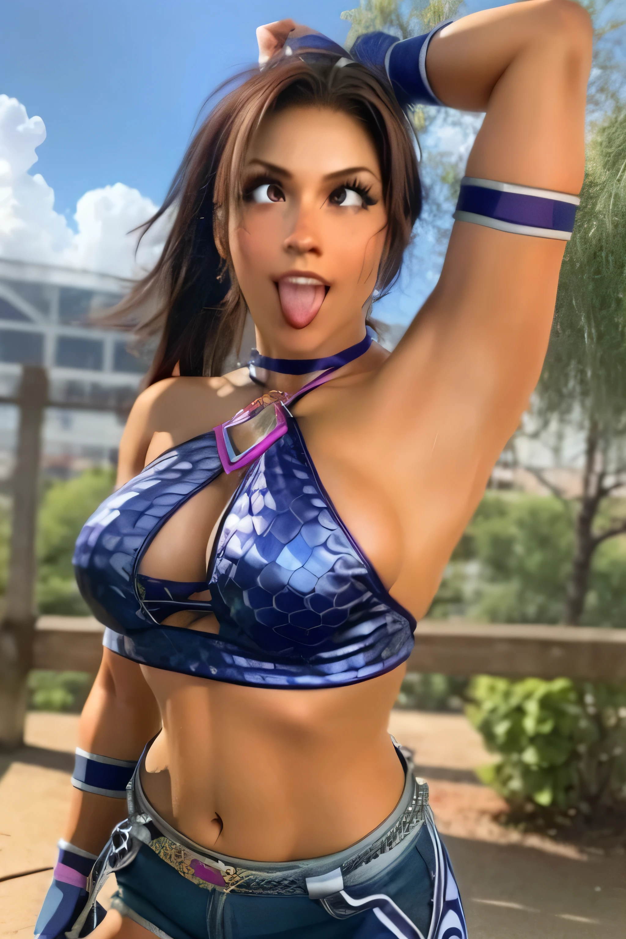 1 girl, standing, Christie Monteiro,18 years old, Cups, wearing blue jeans, wearing purple bikini top,arm warmers, , shorts, brown hair, big chest, big ass, medium breasts, 18 years old, mature appearance,armpits,sweat,sweaty,sweaty armpits,arms up,showing armpits,awesome armpits,blue outfit, purple arm warmers, purple green arm bands