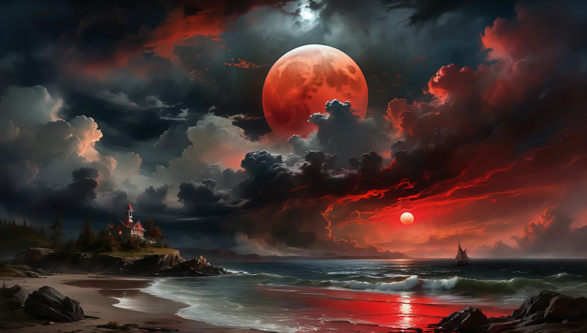 Dark, ominous sky with swirling clouds and a blood red moon, realistic painting style, inspired by the works of Thomas Moran and Frederic Edwin Church, highly detailed with intricate brush strokes and lighting effects.