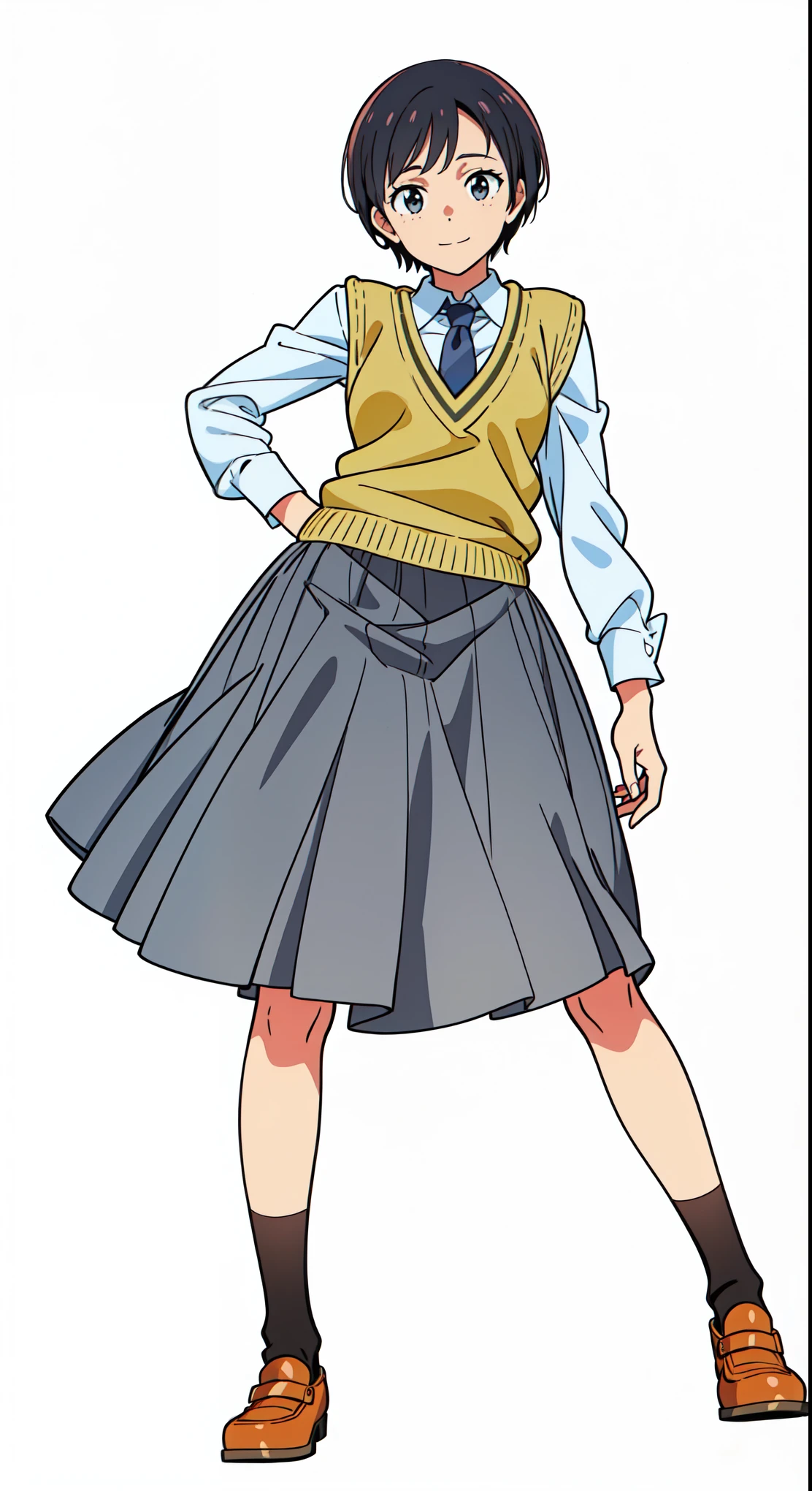 (white background:1.0), (best quality:1.0), (masterpiece:1.0), (super fine illustration:1.0), (beautiful artwork:1.0), (anime screencap:1.0), (official art:1.0), (solo:1.0), (a 20yo cute girl:1.0), (long skirt:1.0), (gray skirt:1.0), (pleated skirt:1.0), (khaki knit vest:1.0), (white long sleeve collared shirt:1.0), (dark blue necktie:1.0), (loafers:1.0), (black socks:1.0), (ideal ratio body proportions:1.0), (lanky:1.0), (tall:1.0), (slender:1.0), (small breasts:1.0), (smaller face:1.0), (freckles:1.0), (cheerful:1.0), (detailed beautiful eyes:1.0), (detailed beautiful face:1.0), (glowing black eyes:1.0), (very short hair:1.0), (swept bangs:1.0), (black hair:1.0), (standing:1.0), (looking at viewer:1.0)