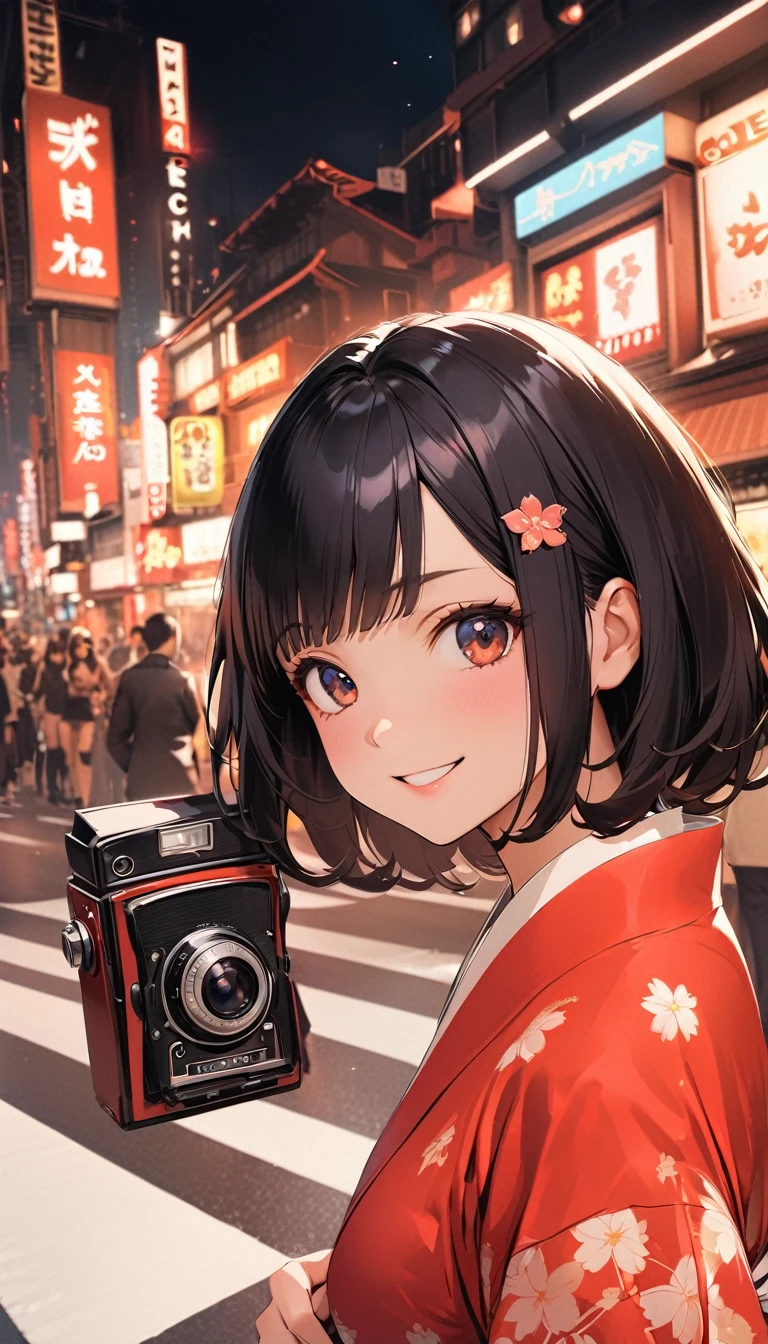 Retro Photography, 1960s , Agfa, Kodak, One girl, Portraiture, Looking_in_Audience, smile, Japan, Tokyo, Cherry Blossom, Octane Rendering, 一人in, rtrophto1