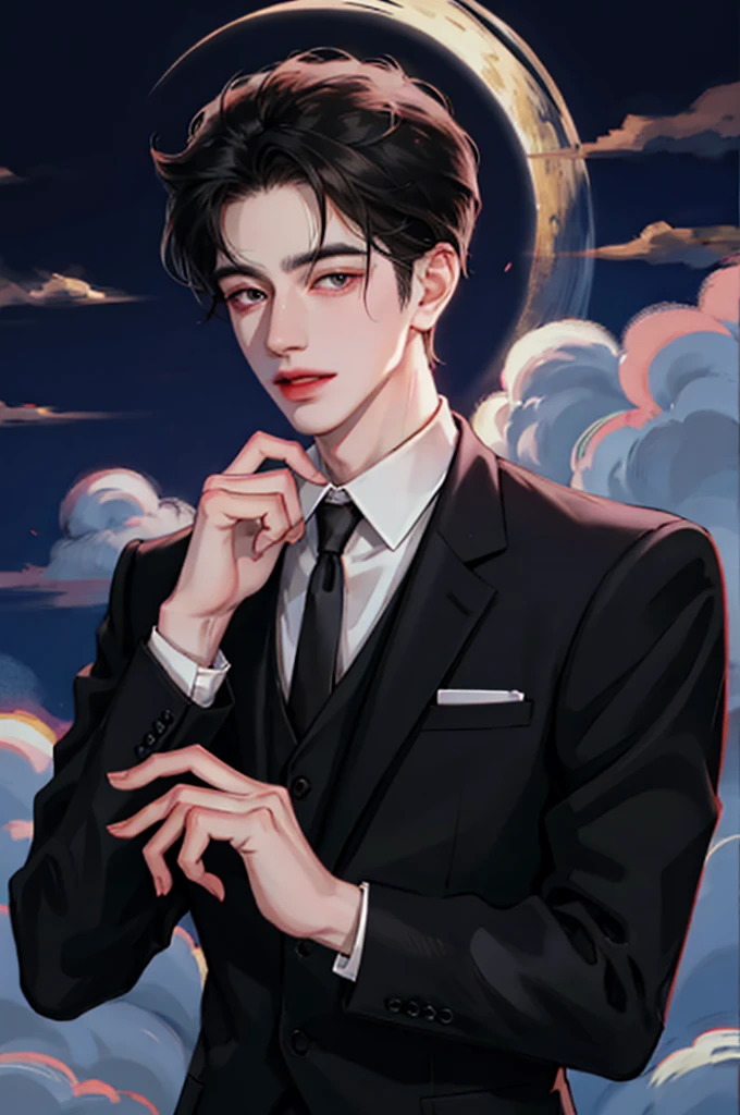 Handsome man in a suit, portrait, backlight, aegyo sal, Gradient lips, Glass Skin, rosy cheeks and lips, big eyes, alone, cartoon style, pale skin, black hair, pomade, cloud, full moon,