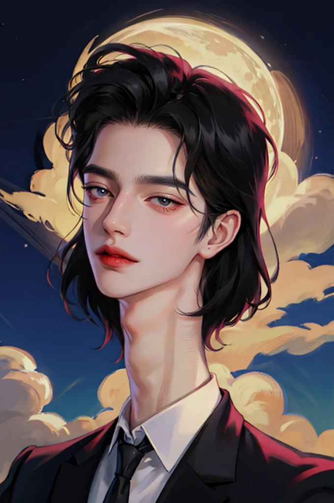 Handsome man in a suit, portrait, backlight, aegyo sal, Gradient lips, Glass Skin, rosy cheeks and lips, big eyes, alone, cartoon style, pale skin, black hair, pomade, cloud, full moon,
