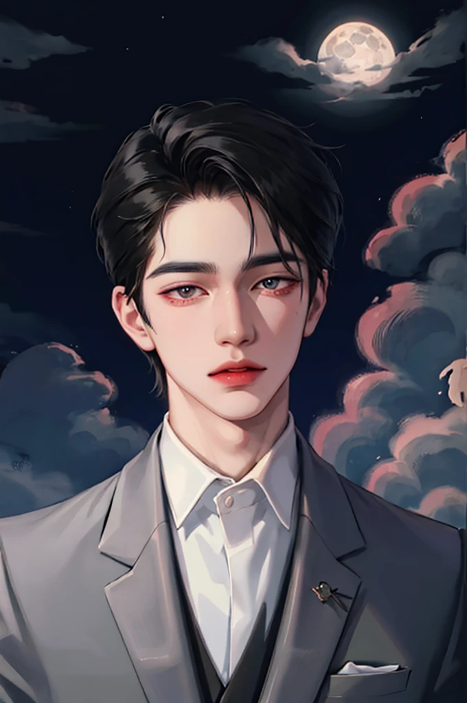 Handsome man in a suit, portrait, backlight, aegyo sal, Gradient lips, Glass Skin, rosy cheeks and lips, big eyes, alone, cartoon style, pale skin, black hair, pomade, cloud, full moon, 