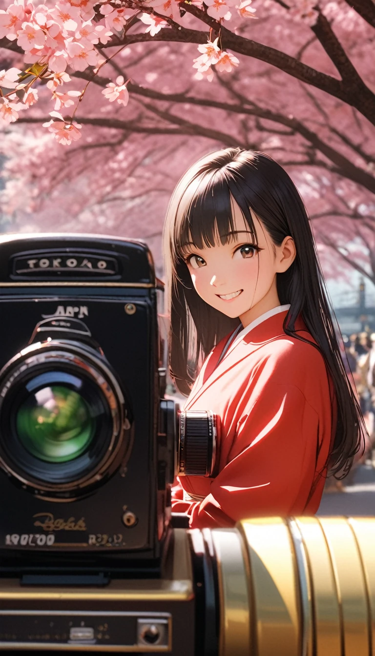 Retro Photography, 1960s , Agfa, Kodak, One girl, Portraiture, Looking_in_Audience, smile, Japan, Tokyo, Cherry Blossom, Octane Rendering, 一人in, rtrophto1