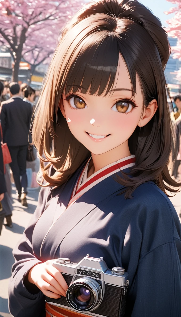 Retro Photography, 1960s , Agfa, Kodak, One girl,  Portraiture, Looking_in_Audience,  smile,  Japan, Tokyo, Cherry Blossom,  Octane Rendering,  一人in, rtrophto1