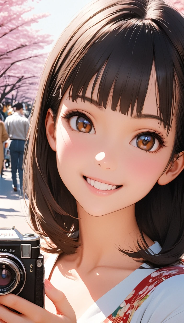 Retro Photography, 1960s , Agfa, Kodak, One girl, Portraiture, Looking_in_Audience, smile, Japan, Tokyo, Cherry Blossom, Octane Rendering, 一人in, rtrophto1