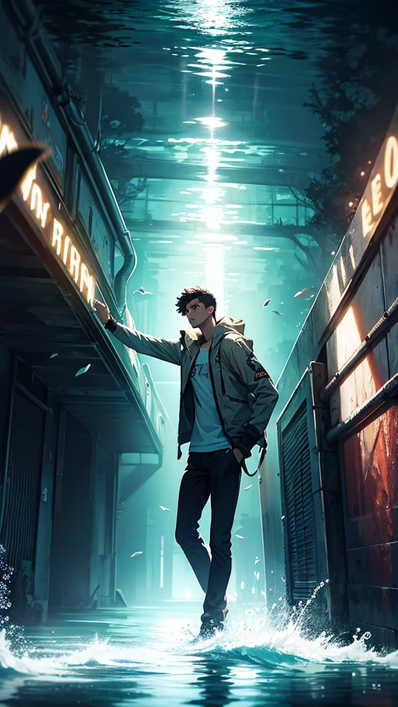 A young man in an underwater tunnel looking up