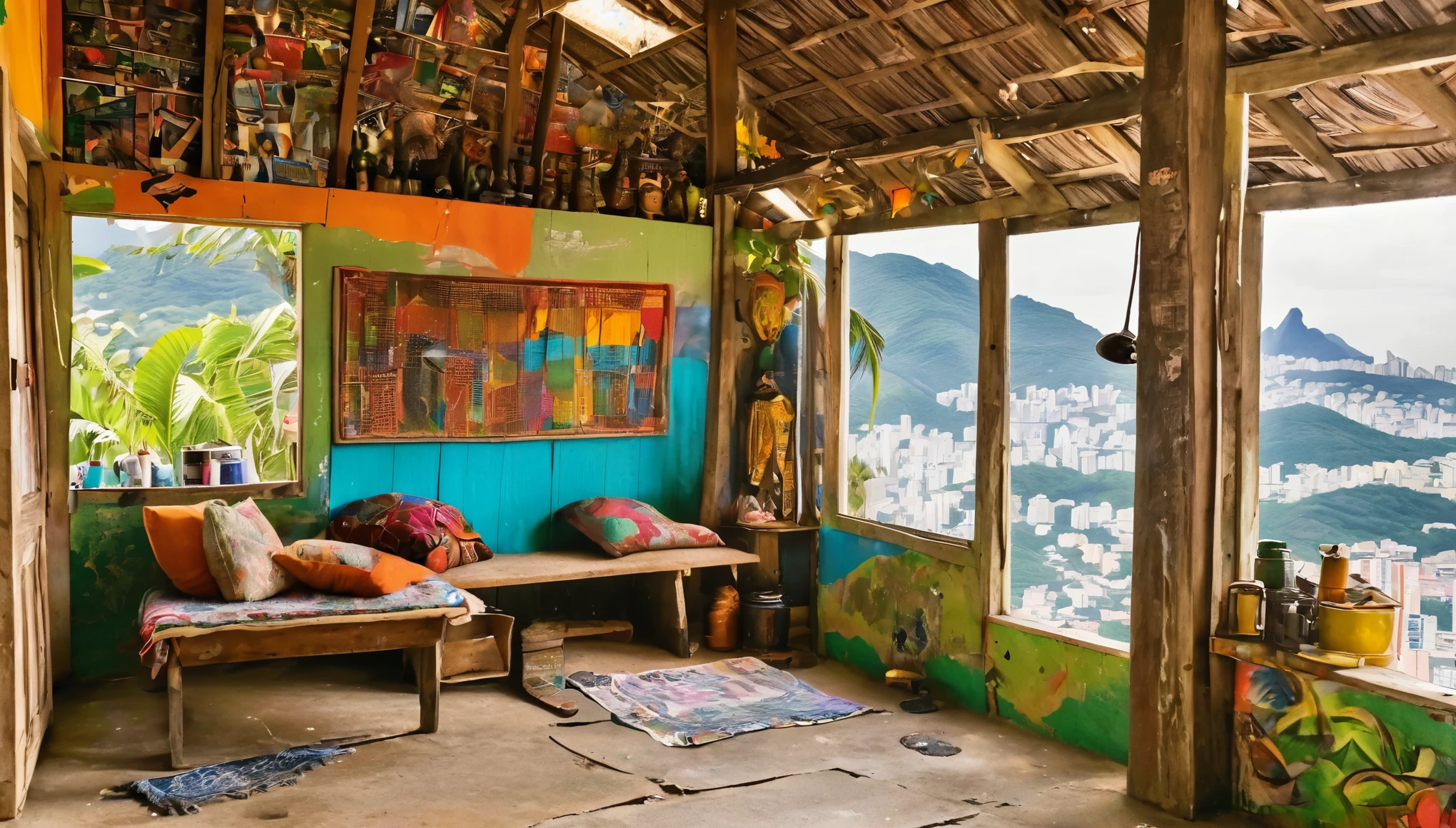 Beautiful shack in a clean favela in Rio de Janeiro. Em primeiro plano, a person meditating