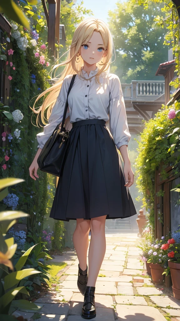 ((Best quality, 8K, masterpiece:1.3)), high detail, HD, masterpiece, epic quality, 2 people, man and girl standing, full height, girl and man walking in a beautiful garden, high detail of faces, drawing eyes, drawing shadows, drawing lips,man and girl , romantic setting, mysterious garden with flowering plants, beautiful flowers, beautiful garden , casual style, girl dressed in ordinary everyday clothes, man dressed in ordinary casual clothes, woman with blue eyes and blonde hair