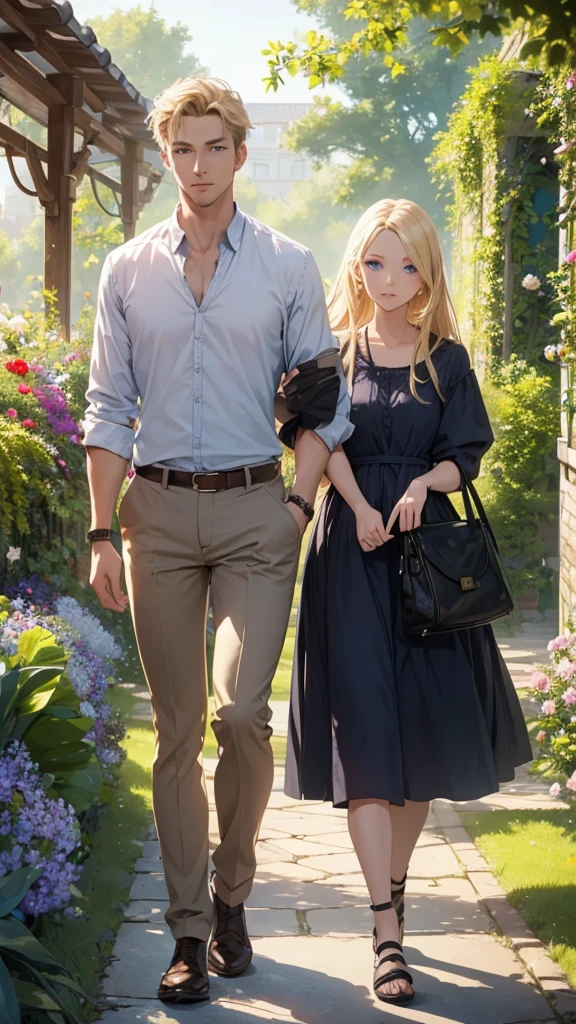 ((Best quality, 8K, masterpiece:1.3)), high detail, HD, masterpiece, epic quality, 2 people, man and girl standing, full height, girl and man walking in a beautiful garden, high detail of faces, drawing eyes, drawing shadows, drawing lips,man and girl , romantic setting, mysterious garden with flowering plants, beautiful flowers, beautiful garden , casual style, girl dressed in ordinary everyday clothes, man dressed in ordinary casual clothes, woman with blue eyes and blonde hair