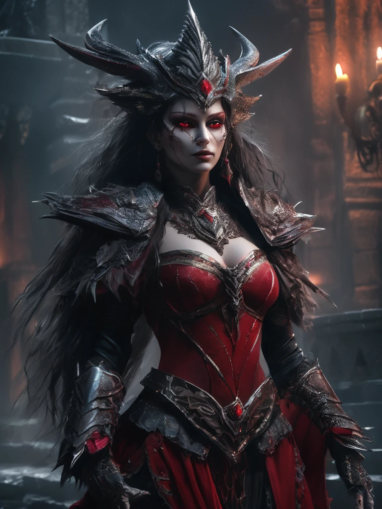 perfect photo Striga, a cursed princess who transforms into a monstrous creature at night. Her grotesque form, with elongated claws, crimson eyes, and tattered royal garb, is a stark contrast to the regal beauty she once was, extreme details, volumetric lighting, cinematic scene, full focus, 16k, UHD, HDR