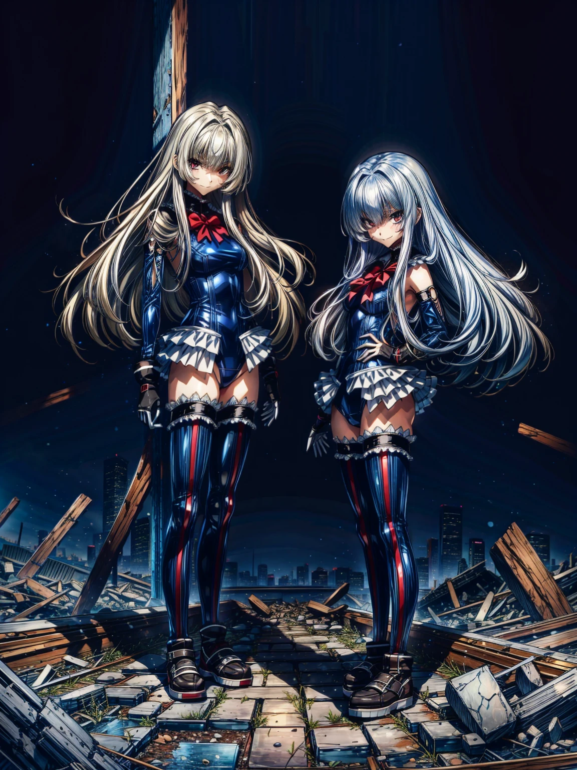 Masterpiece, Very detailed, Highest quality, Sharp focus, 12k, ultra hi resolution picture, big ,12k,Perfect Anatomy, Highest quality,,(Emotionless:1.2) marierose,evil smile,provocative attitude
,(Girls greet dawn on top of a pile of rubble:1.1),evil smile,anime style,(ruffle swimsuit, Thighhighs, removed sleeve), (anime style:1.4) ,
silver hair,(white fingers:1.1,black gloves),very long hair,evil aura,(Inside the fighting :1.2),,(full body:1.3),
