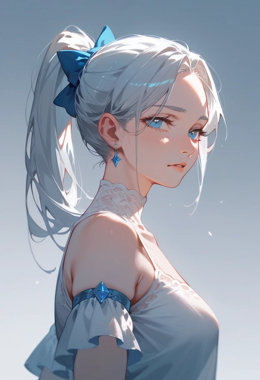 (Highest quality, 4K, masterpiece :1.3), Silver Hair, Blue eyes, ponytail, Light