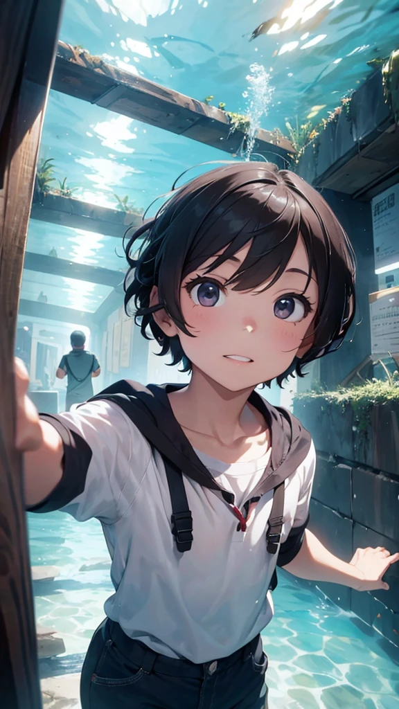 A young man in an underwater tunnel looking up