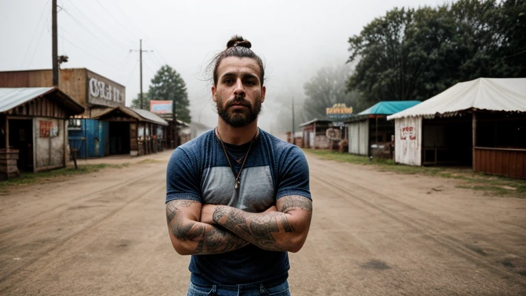 promotional photo in the middle of an abandoned fair for advertising photography of a rock band, aggressive look, heavy rock band, slaughterhouse, band promotion, portrait photo, Profile picture, pro life, promotional photo of the band, threatening look, Photoshoot, Tennessee, promotional shot, proto-metal band promotion, ohio, by Nándor Katona second man glasses, brown hair man bun, barba hipster, athletic, marked muscles, Distressed blue jeans, brown t-shirt over a plaid shirt, Crossed arms, tattooed, photography shot from high above, the complete bodies can be seen, fog, gloomy
