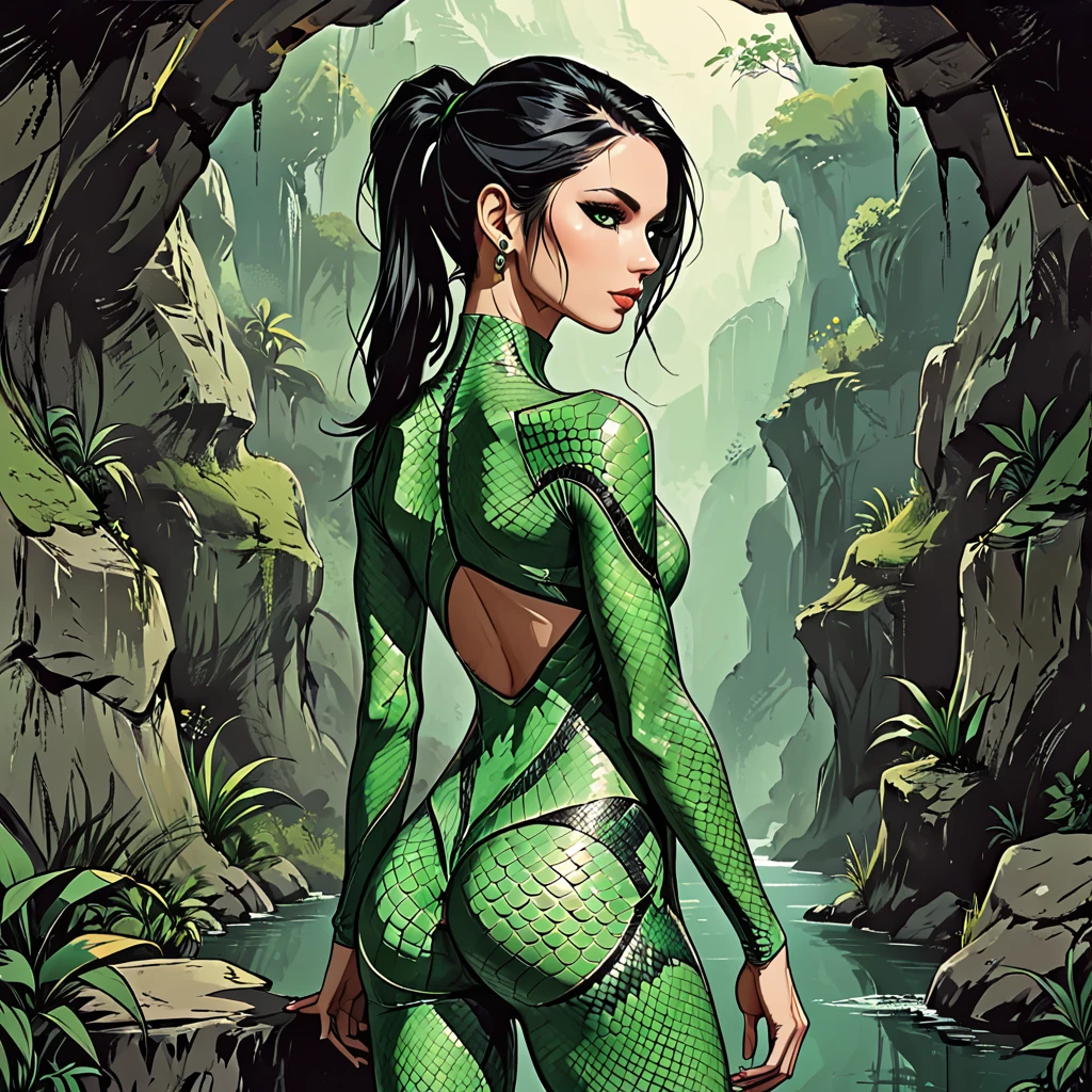 portrait of a girl from the back at the entrance to the cave, 
girl in a green snake suit, back view, Young adult, European, Ectomorph elongated body, slim body, skinny, perfect white skin, Profile Angle, Long slim neck, Long Diamond type Face, bare broad shoulders, Sagittal Plane Curves, blades shoulders, spinal line, long slim thin arms, long fingers on the hand, well trained back, Square Jawline, Hawk long Nose, Heart Shaped nude Lips, Angular Narrow Cheekbone, Hollow Cheek, Upturned Eye type, (dark green eye), Long Sleek Straight Ponytail Slicked back black Hair, Attached Pointed ear, shoulder blades, narrow hips, fitness round ass, toned round butt, long slim fitness legs, back dimples,  