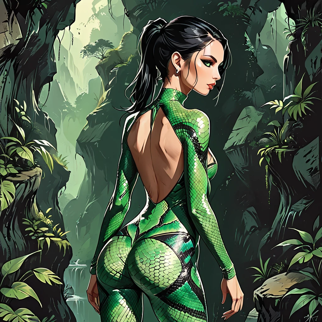 portrait of a girl from the back at the entrance to the cave,
girl in a green snake suit, back view, Young adult, European, Ectomorph elongated body, slim body, skinny, perfect white skin, Profile Angle, Long slim neck, Long Diamond type Face, bare broad shoulders, Sagittal Plane Curves, blades shoulders, spinal line, long slim thin arms, long fingers on the hand, well trained back, Square Jawline, Hawk long Nose, Heart Shaped nude Lips, Angular Narrow Cheekbone, Hollow Cheek, Upturned Eye type, (dark green eye), Long Sleek Straight Ponytail Slicked back black Hair, Attached Pointed ear, shoulder blades, narrow hips, fitness round ass, toned round butt, long slim fitness legs, back dimples,