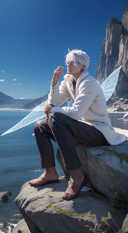 full body photorealistic very handsome very hunky Fractal adult white haired Jack Frost, sitting on a rock, with very big huge glowing Fairy wings