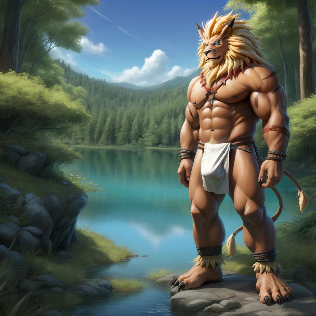 Furry, Kemono, Leon, Leomon, Digimon, solo, Bigg Ass, Male Bulge, masculine, Full body, Feet, Braided Mane, Black leather harness, Spiked Anklet, White fitted fundoshi, (white Fundoshi) , Green forest with lake, Blue Sky Background with Green Grass Meadow, (Anime Blue Eyes), (Perfect Eyes), High Resolution, 4K Detailed, Good Lighting, Beautiful, Photorealistic, Realistic, (japanese Fundoshi), (white thong), tail, Lion tail, black claw nails, Big Scar on left shoulder