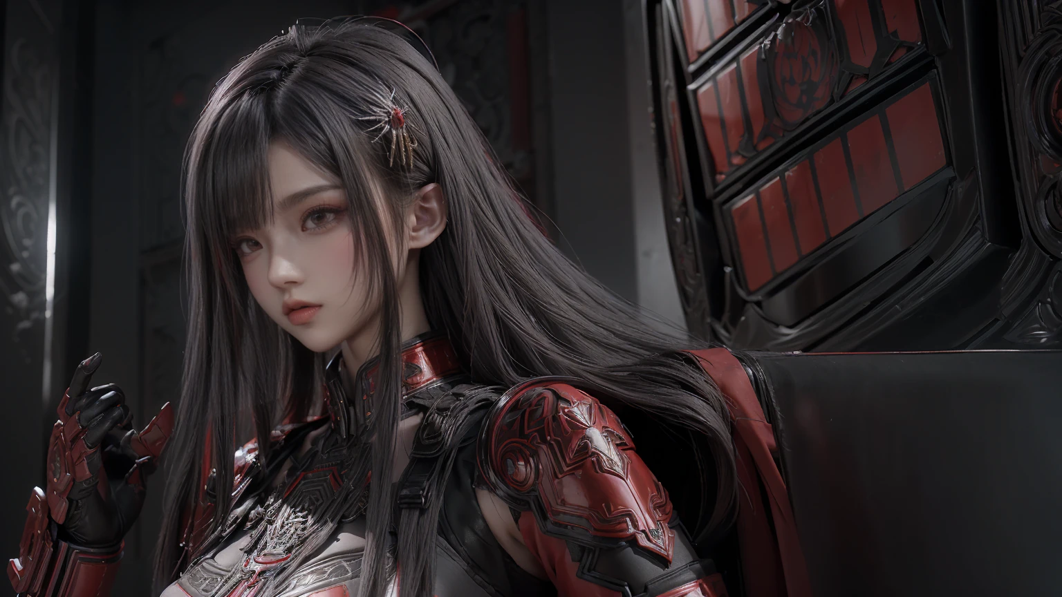 masterpiece,Game Art,Best picture quality,Maximum resolution,8K,(portrait),Unreal Engine 5 rendering works,(Digital Photography),((portrait Feature:1.5)),
20 year old girl,Short hair details,Long bangs,(The red eye makeup is carefully applied),(With long gray hair:1.4),(Large target, Full breasts),Elegance and nobility,Brave and charming,
(The future armor combines the characteristics of Chinese armor,hollow-carved design,Power Armor,Mysterious oriental runes,Exquisite clothing patterns,Magic Flash),Future Warrior,Cyberpunk Characters,War Background,
light，Ray Tracing，Game CG，((3D Unreal Engine))，OC rendering reflection mode