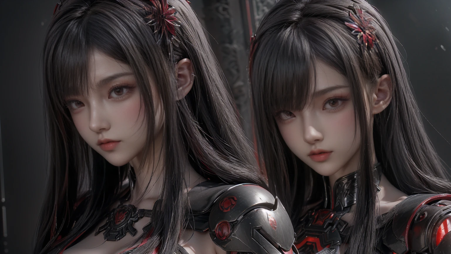masterpiece,Game Art,Best picture quality,Maximum resolution,8K,(portrait),Unreal Engine 5 rendering works,(Digital Photography),((portrait Feature:1.5)),
20 year old girl,Short hair details,Long bangs,(The red eye makeup is carefully applied),(With long gray hair:1.4),(Large target, Full breasts),Elegance and nobility,Brave and charming,
(The future armor combines the characteristics of Chinese armor,hollow-carved design,Power Armor,Mysterious oriental runes,Exquisite clothing patterns,Magic Flash),Future Warrior,Cyberpunk Characters,War Background,
light，Ray Tracing，Game CG，((3D Unreal Engine))，OC rendering reflection mode