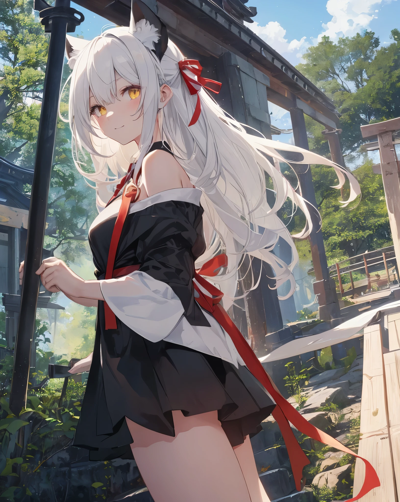 (Highest quality, Masterpiece: 1.2), (Solo), detailed night cute shot CHARACTER DESCRIPTION 1girl, cat ears, neko ears, fox tail. she's my girlfriend. solo, ((yellow eyes)), ((white_hair)). smile, long_hair, hair_between_eyes, Cute smile, she's flirting, looking_at_viewer, she blush. CLOTHES bare shoulder, ribbon on hair, Red Ribbon as necktie, black transparent black shirt, white shorts, red ribbon on hair, white nike sneakers with black details. AMBIENT Japanese mountain, Red Torii, Night Blue sky, white clouds, (Anime coloring book sky), Heaven, cliff, mirage, meteorite, 1moon. CORRECTION easy hand pose ACTION she is climbing the steps of a path to reach a japanese temple surrounded by nature. temple in the middle of the forest. lensflare. moonflare. delicate shot. relaxing shot.