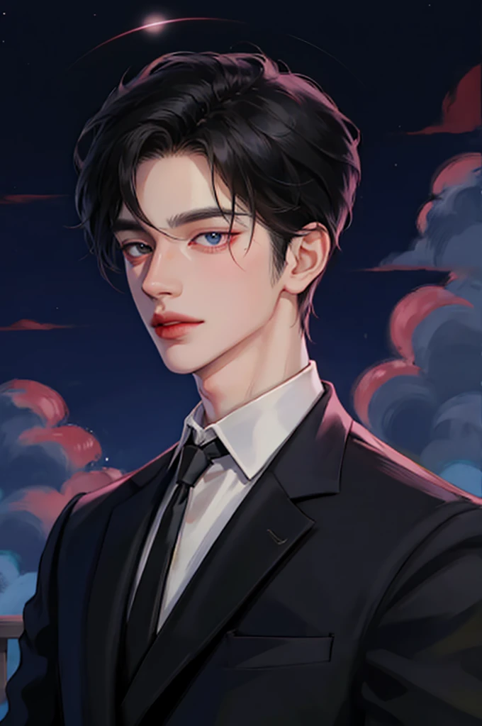 Handsome man in a suit, portrait, backlight, aegyo sal, Gradient lips, Glass Skin, rosy cheeks and lips, big eyes, alone, cartoon style, pale skin, black hair, pomade, cloud, full moon,