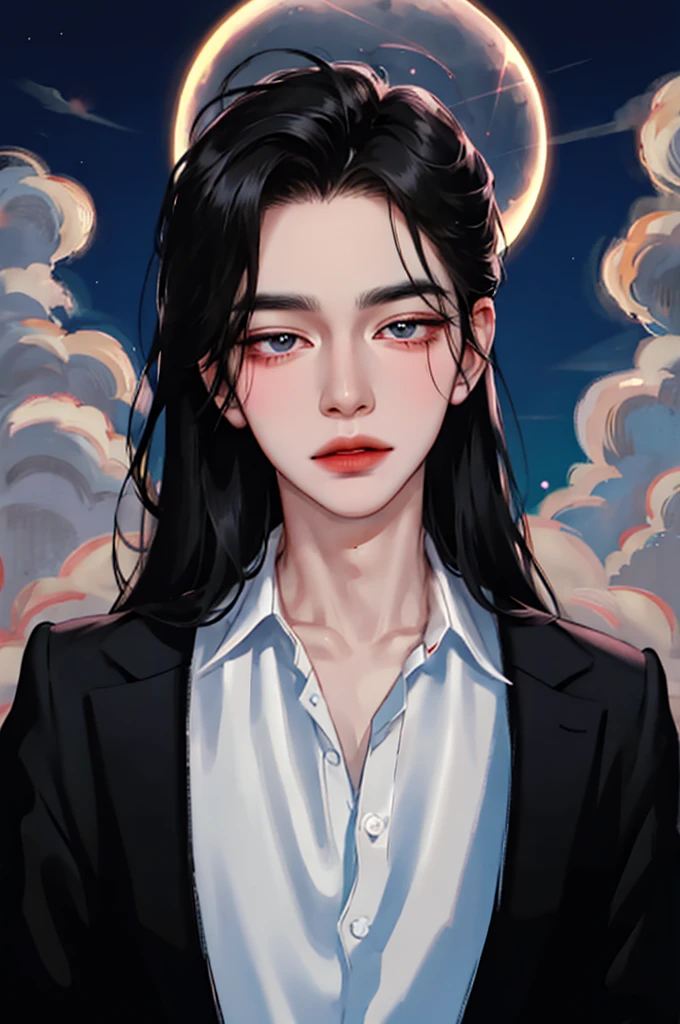 Handsome man in a suit, portrait, backlight, aegyo sal, Gradient lips, Glass Skin, rosy cheeks and lips, big eyes, alone, cartoon style, pale skin, black hair, pomade, cloud, full moon,