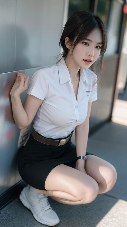 Pretty thai woman walking , (8k, best quality, masterpiece, ultra highres:1.2) Photo of Pretty thai woman beautiful, beautiful enchanting fashion contemporary painting with , (1girl), (white shirt short sleeves), ((black pencil skirt)), belt, ((hand down)), blonde hair , short hair, , realistic skin texture, looks up, (nudity), round chin, 85 mm art lens, f 1. 2, sharp focus, 8 k high definition, insanely detailed, intricate, elegant, large breasts, black skirt