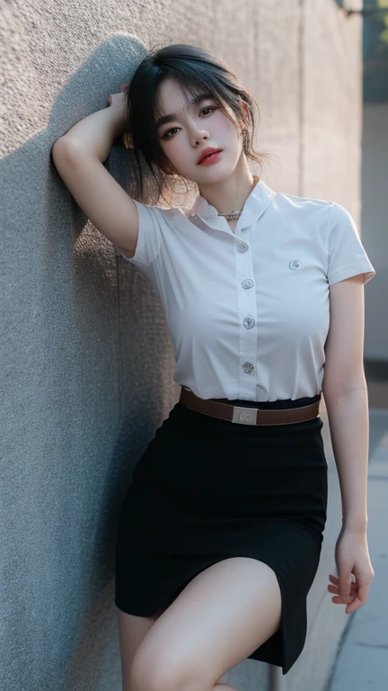 Pretty thai woman walking , (8k, best quality, masterpiece, ultra highres:1.2) Photo of Pretty thai woman beautiful, beautiful enchanting fashion contemporary painting with , (1girl), (white shirt short sleeves), ((black pencil skirt)), belt, ((hand down)), blonde hair , short hair, , realistic skin texture, looks up, (nudity), round chin, 85 mm art lens, f 1. 2, sharp focus, 8 k high definition, insanely detailed, intricate, elegant, large breasts, black skirt