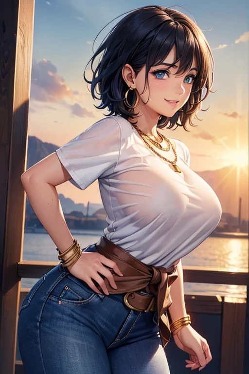 #Basics A girl is posing for a photo, animeのcute女の子, ((One Girl)), (((Baby Face:1.4)) + ((cute:1.5)) + ((18-year-old))),
break
#Clothing Accessories
((T-shirt tied under the chest) + (Blue denim skinny pants) + (Black belt for a tight fit around the waist) + (Red sneakers)),
((Fancy Gold Bracelet) + (Gold hoop earrings) + (Gold ear cuffs) + (Fancy Necklace)),
break
#Features
((Sky Blue Hair)), ((Long side bangs)), ((short hair) : Very short hair + Curly hair + Curly Hair + Messy Hair + Hair bouncing outside),
((Droopy eyes:1.4, Big eyes:1.4), blue eyes),
break
#background environment
((noon + Sunshine + Ranch)),
#Facial Expression Pose
((A big smile:1.4)), (Stand by the fence + Hands on hips, strong + full of confidence),
#composition
((Face the camera, (Side angle), Character Focus, Cowboy Shot)),
break
#Body parts elements
(Slim figure),
(Detailed Hair, Beautiful Hair, Shiny Hair),
(double eyelid, Long eyelashes),
(Expression of fine eyes, Beautiful and delicate eyes, Sparkling eyes, Eye Reflexes, Glitter Eyeliner),
(Human Ear),
(Beautiful Nose, Thin Nose),
(Glossy Lips, Beautiful Lips, Thick lips), (Symmetrical facial features),
(Detailed skin, Textured skin, Beautiful Skin, Oily skin),
break
#Quality Image Quality Common
(((Highest quality)), ((masterpiece)), ((Very detailed))), ((Ultra-high resolution)), ((16K, 1080P)), ((Full HD)),
(Anatomically correct), (Realistic), (3DCG), (Oil painting),
((comics, anime)), (CG illustration), (RAW Photos),