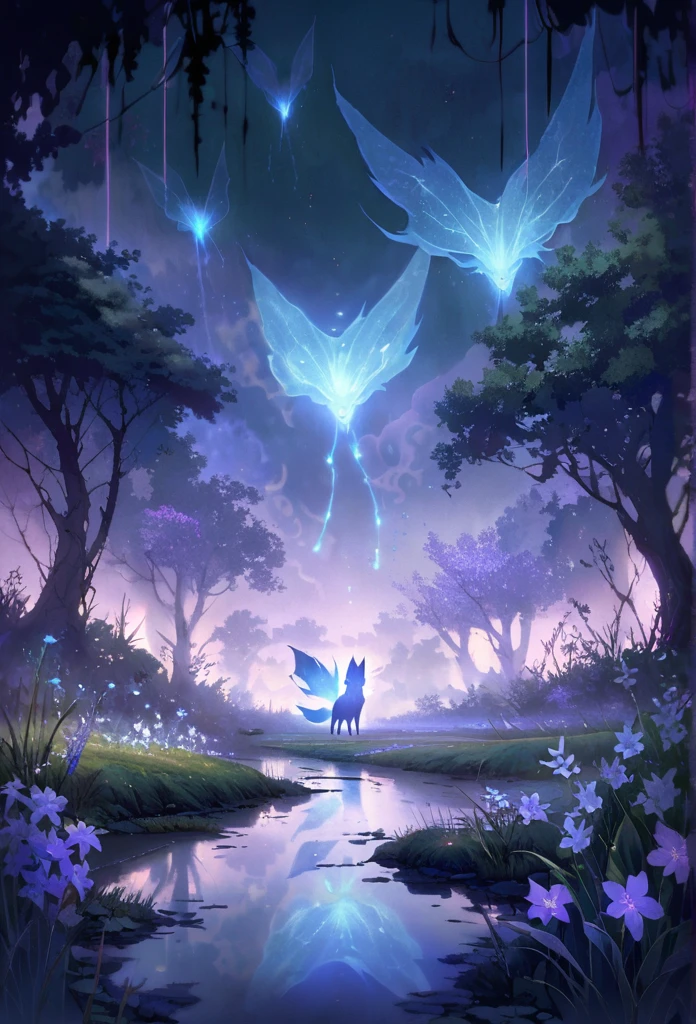haunted meadow, late night, silver moonbeams, ethereal mists, spirit foxes, delicate flora, reflective stream, vanishing paths, mystical creatures, shadowed landscape, intricate grasses, soft gray and lilac, haze, complex background, glowing elements, serene mystery