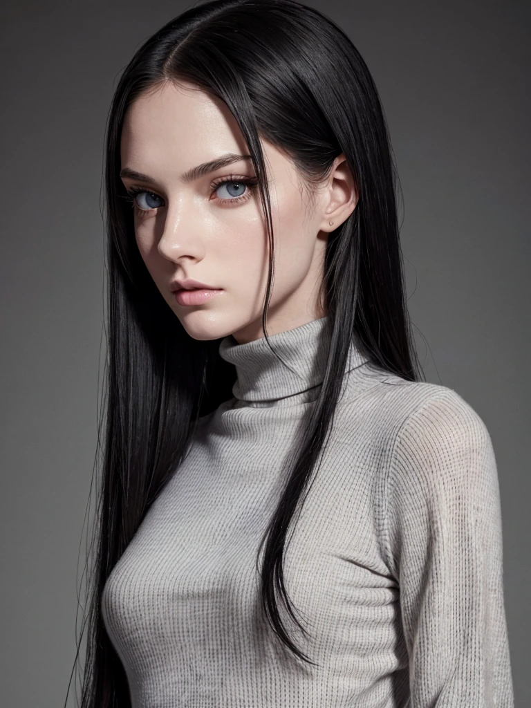 (best quality), 1girl, female, pale skin, (black hair), long hair, straight hair, grey eyes, perfect eyes, slender, tall, turtleneck sweater, stylish, elegant, serious, normal bust, masterpiece, anatomically correct, highres

