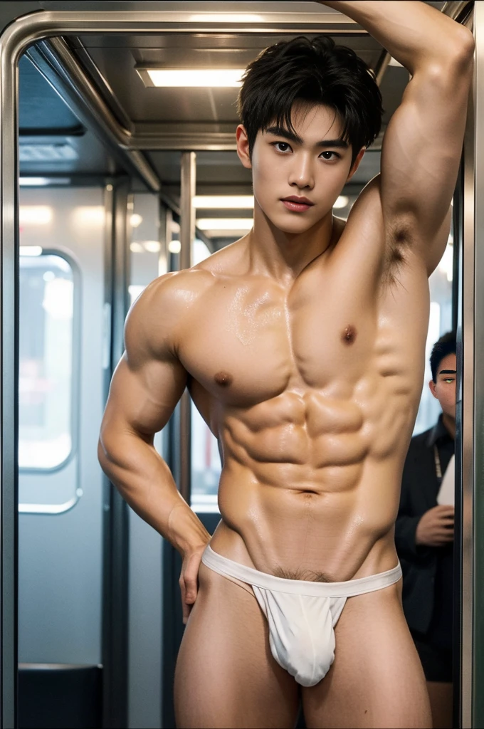 Amazing train scenery, in the middle of crowded inside the train, inside train on the background, crowded people, he wore a very small transparent thong covering half of his big hard dick, dickprint, Sweat dripping all over the body, sweat covering all over the body, Full body photo, wearing Very tiny thong, Proudly showing off his sweaty very hairy armpits to audience in music concert area, completely naked just wearing thin Tiny white thong,  boy, very young boy, Cinematic soft lighting illuminates a stunningly detailed and ultra-realistic handsome korean male supermodel, ultra messy curly hair, clear honey eyes, captivating perfect smile, sensual, hot man, insanely handsome, showing off his sweaty body, very sixpack muscular body build, slender, toned, full body, 8k, photography, masterpiece, detailed face, detailed eyes, sexy, beautiful abdomen and beautiful legs and a detailed big hard bulge, expression of ecstasy, excited, slim, detailed eyes and lips, sixpack and fit body. Image quality is of the highest standard, with ultra-detailed features and a realistic appearance. The colors are bright and vibrant, enhancing the overall aesthetic. The lighting is soft and natural, casting a soft glow on the boy, don't merge body's