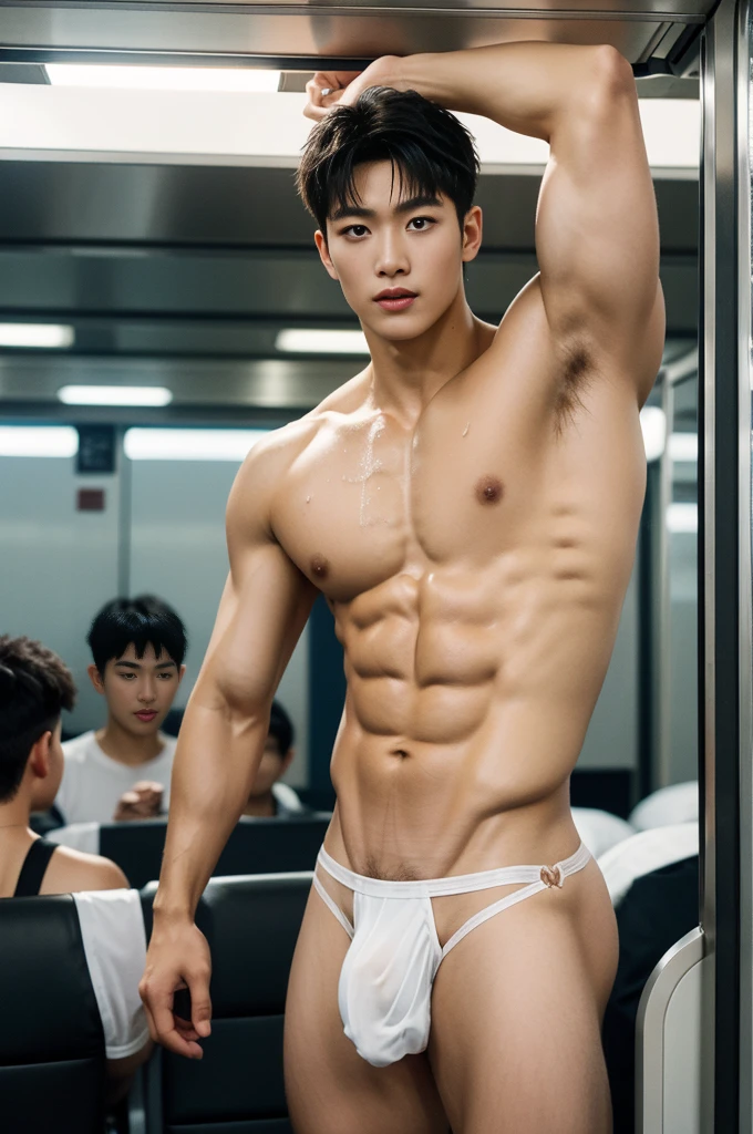 Amazing train scenery, in the middle of crowded inside the train, inside train on the background, crowded people, he wore a very small transparent thong covering half of his big hard dick, dickprint, Sweat dripping all over the body, sweat covering all over the body, Full body photo, wearing Very tiny thong, Proudly showing off his sweaty very hairy armpits to audience in music concert area, completely naked just wearing thin Tiny white thong, boy, very young boy, Cinematic soft lighting illuminates a stunningly detailed and ultra-realistic handsome korean male supermodel, ultra messy curly hair, clear honey eyes, captivating perfect smile, sensual, hot man, insanely handsome, showing off his sweaty body, very sixpack muscular body build, slender, toned, full body, 8k, photography, masterpiece, detailed face, detailed eyes, sexy, beautiful abdomen and beautiful legs and a detailed big hard bulge, expression of ecstasy, excited, slim, detailed eyes and lips, sixpack and fit body. Image quality is of the highest standard, with ultra-detailed features and a realistic appearance. The colors are bright and vibrant, enhancing the overall aesthetic. The lighting is soft and natural, casting a soft glow on the boy, don't merge body's