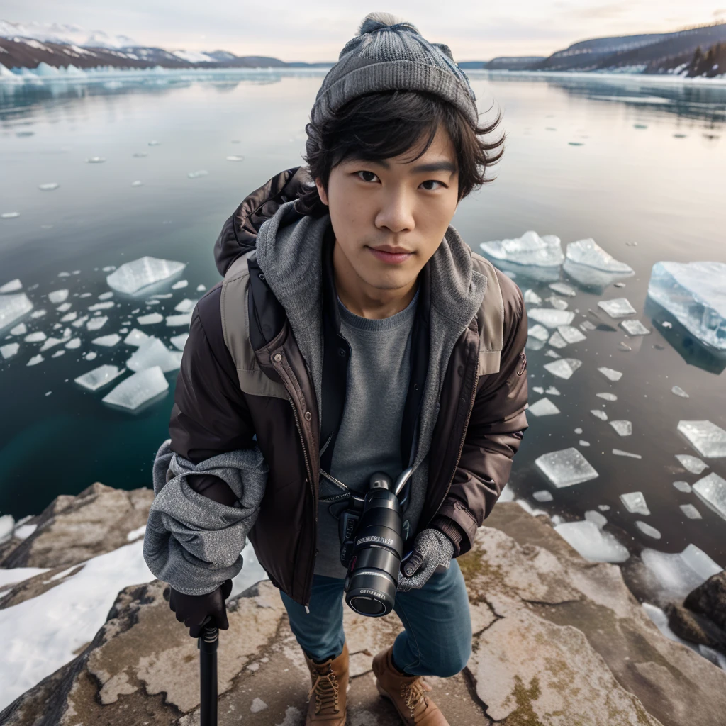 high angle camera, wide shoot photography, a Korean man with short curly hair, wearing a jacket and boots, wearing gloves and a beanie hat, standing while holding a trekking pole on a rock, standing on a lake, an ice lake in the Siberian region.  known as "Lake Baikal", calm atmosphere, bokeh background with views of icebergs visible in the distance, standing sideways with a handsome pose, advertising shoot, looking at the camera 