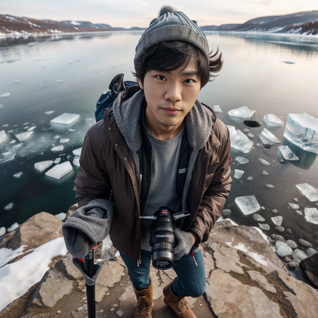 high angle camera, wide shoot photography, a Korean man with short curly hair, wearing a jacket and boots, wearing gloves and a beanie hat, standing while holding a trekking pole on a rock, standing on a lake, an ice lake in the Siberian region.  known as "Lake Baikal", calm atmosphere, bokeh background with views of icebergs visible in the distance, standing sideways with a handsome pose, advertising shoot, looking at the camera 