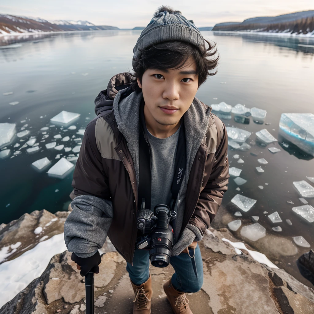 high angle camera, wide shoot photography, a Korean man with short curly hair, wearing a jacket and boots, wearing gloves and a beanie hat, standing while holding a trekking pole on a rock, standing on a lake, an ice lake in the Siberian region.  known as "Lake Baikal", calm atmosphere, bokeh background with views of icebergs visible in the distance, standing sideways with a handsome pose, advertising shoot, looking at the camera 