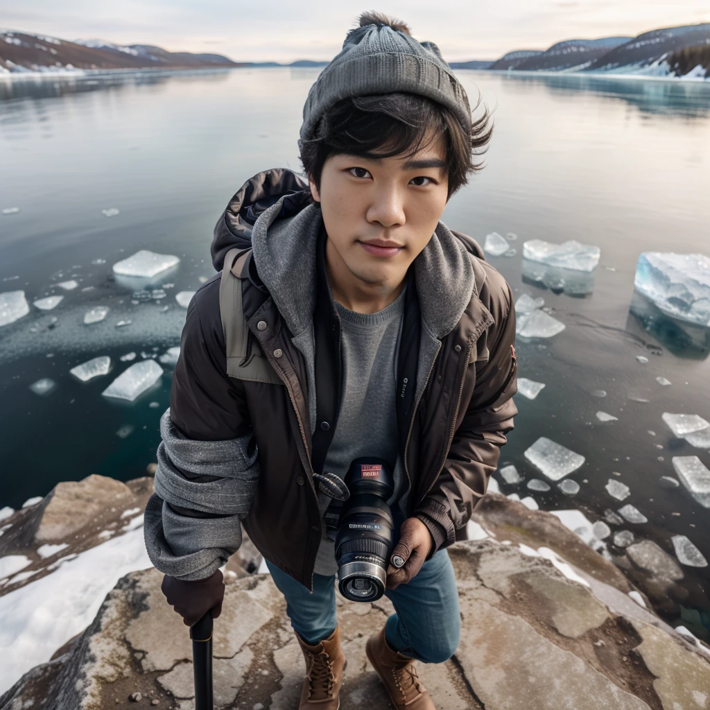 high angle camera, wide shoot photography, a Korean man with short curly hair, wearing a jacket and boots, wearing gloves and a beanie hat, standing while holding a trekking pole on a rock, standing on a lake, an ice lake in the Siberian region. known as "Lake Baikal", calm atmosphere, bokeh background with views of icebergs visible in the distance, standing sideways with a handsome pose, advertising shoot, looking at the camera