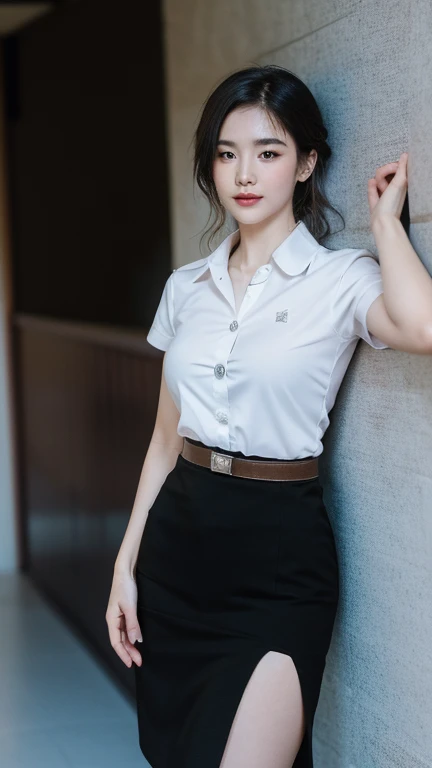 Pretty thai woman walking , (8k, best quality, masterpiece, ultra highres:1.2) Photo of Pretty thai woman beautiful, beautiful enchanting fashion contemporary painting with  , (1girl), (white shirt short sleeves), ((black pencil skirt)), belt, ((hand down)), blonde hair , short hair, , realistic skin texture, looks up, (nudity), round chin, 85 mm art lens, f 1. 2, sharp focus, 8 k high definition, insanely detailed, intricate, elegant, large breasts, black skirt