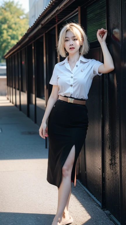 Pretty thai woman walking , (8k, best quality, masterpiece, ultra highres:1.2) Photo of Pretty thai woman beautiful, beautiful enchanting fashion contemporary painting with , (1girl), (white shirt short sleeves), ((black pencil skirt)), belt, ((hand down)), blonde hair , short hair, , realistic skin texture, looks up, (nudity), round chin, 85 mm art lens, f 1. 2, sharp focus, 8 k high definition, insanely detailed, intricate, elegant, large breasts, black skirt