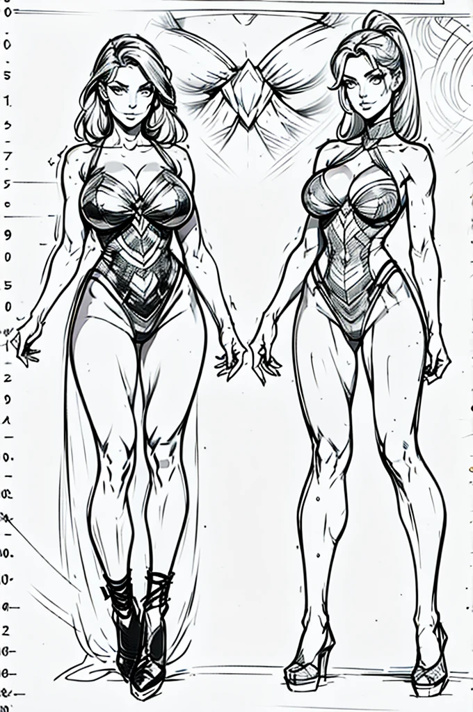 sketch a beautiful woman 20 years with elegant in different angles digital lineart, full body frontal, 